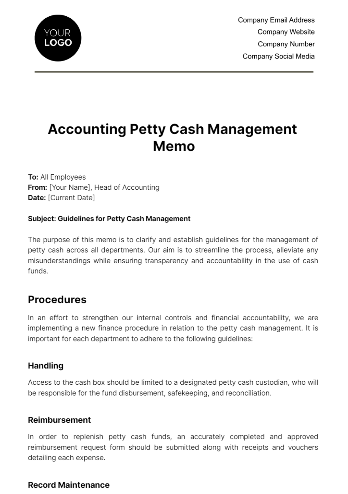 Free Accounting Petty Cash Management Memo Template