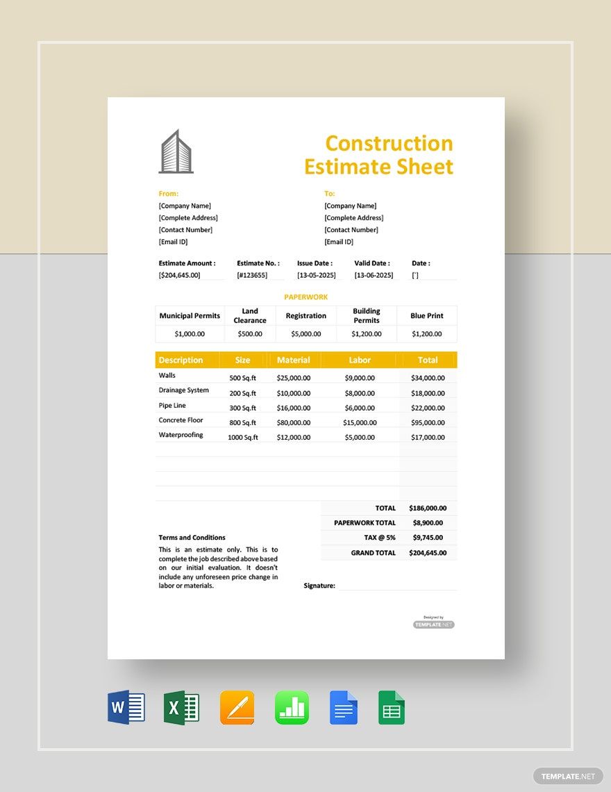 Construction Estimate Sheet Template Google Docs, Google Sheets