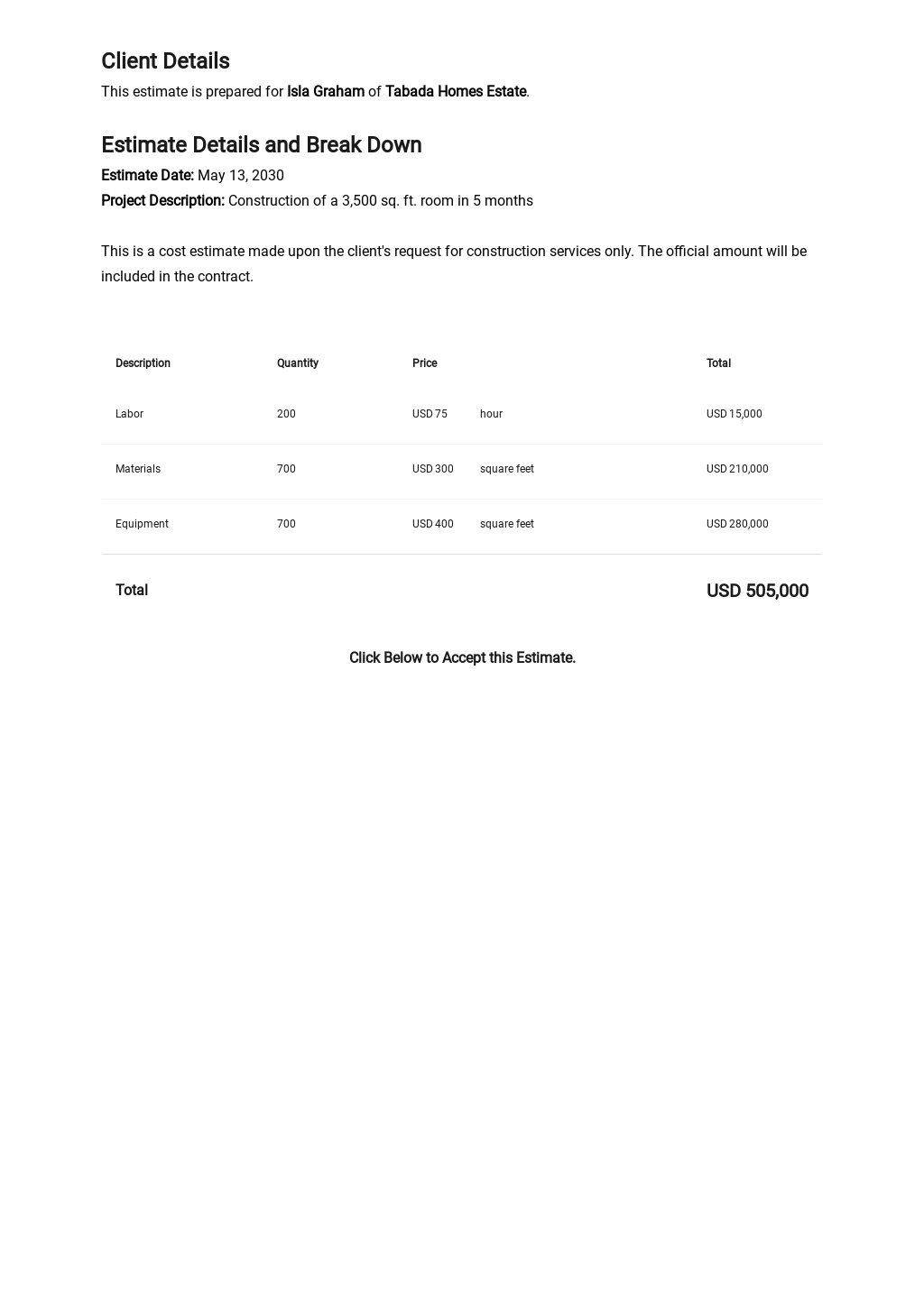 Construction Estimate Sheet Template [Free PDF] Word Excel Apple