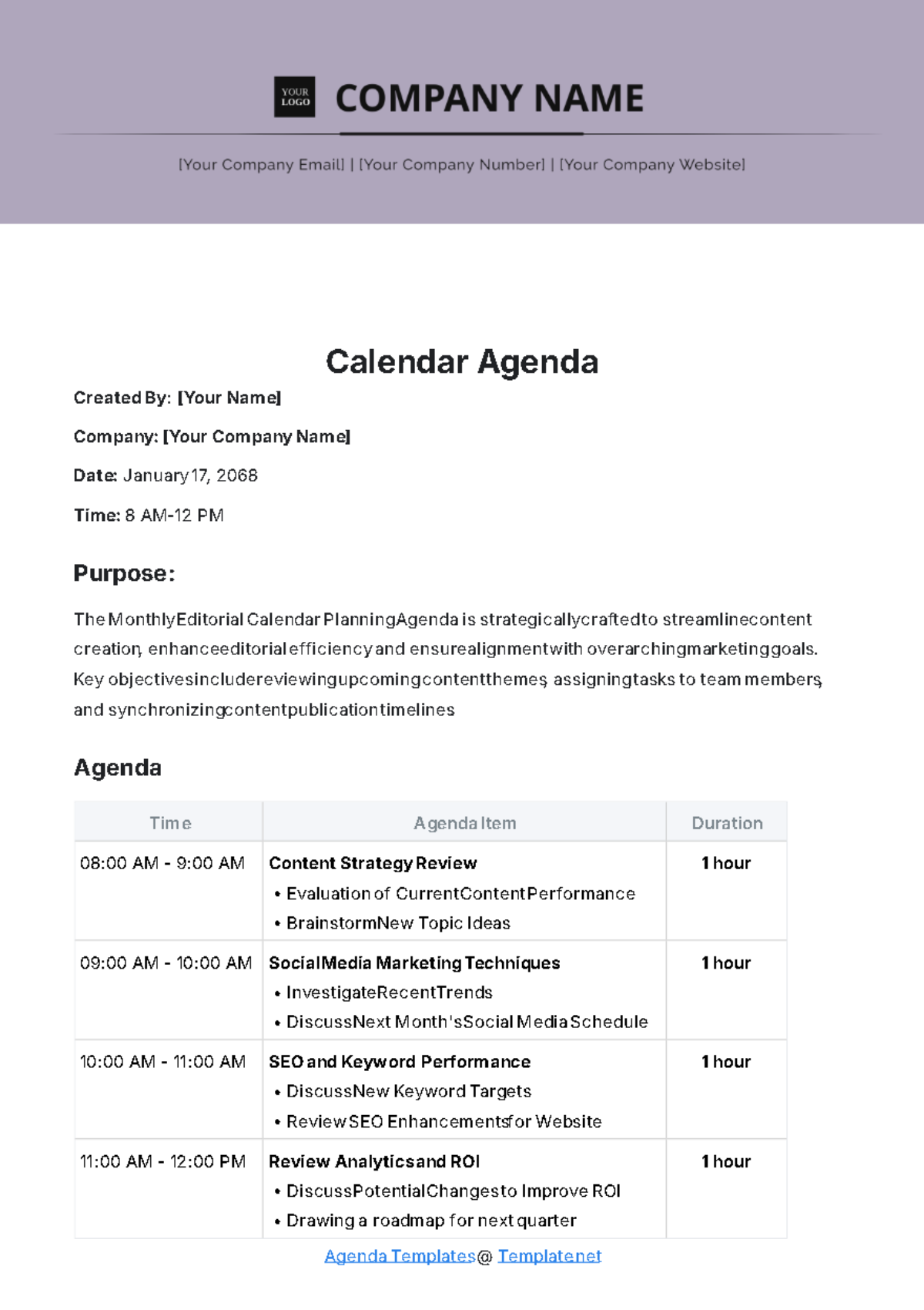 Calendar Agenda Template - Edit Online & Download