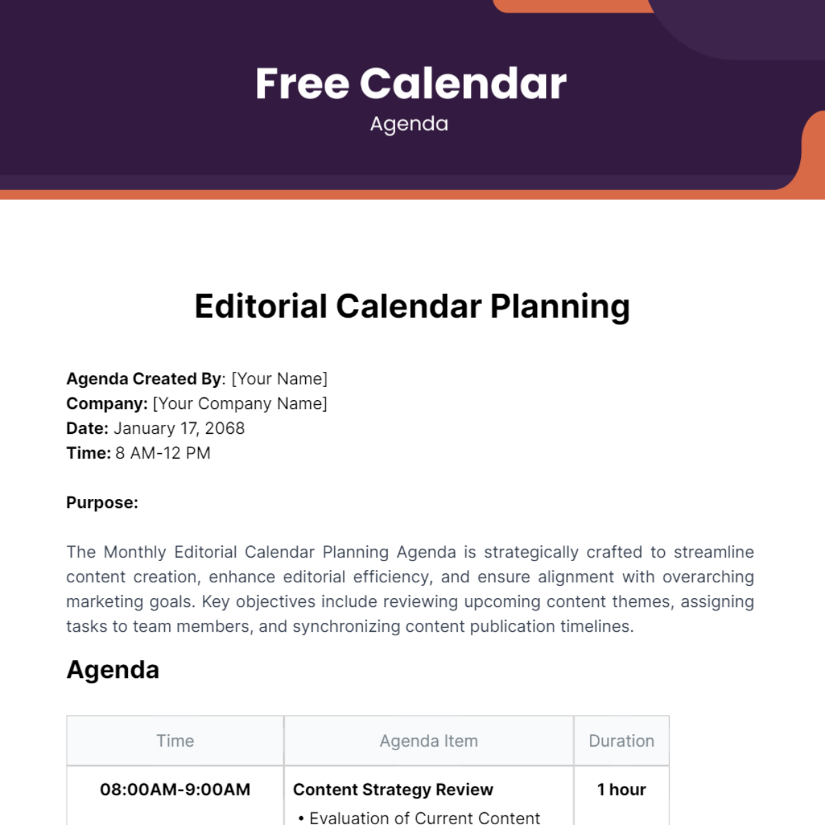 Calendar Agenda Template
