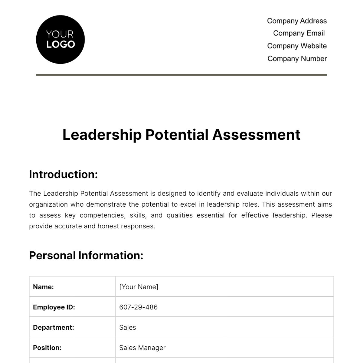 Leadership Potential Assessment HR Template