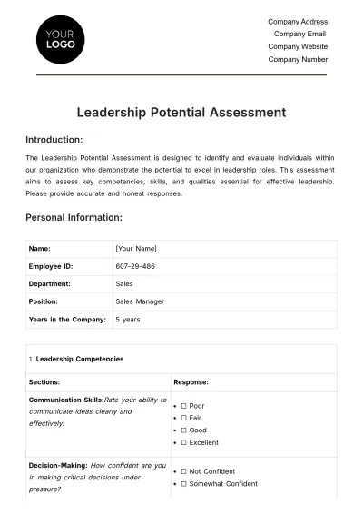 Free Leadership Potential Assessment HR Template to Edit Online