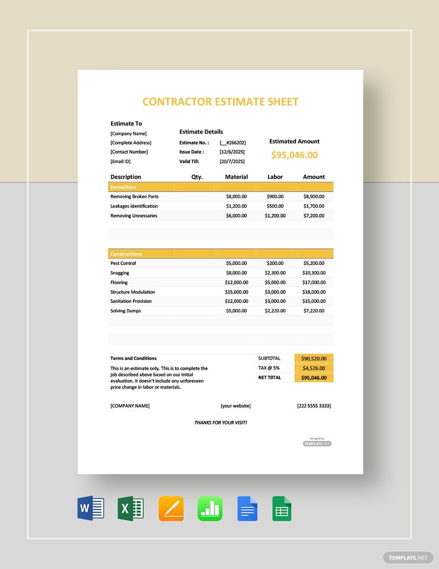 Contractor Estimate Sheet Template Google Docs Google Sheets Excel 