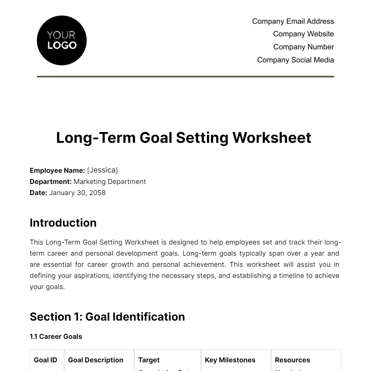 Long-term Goal Setting Worksheet HR Template