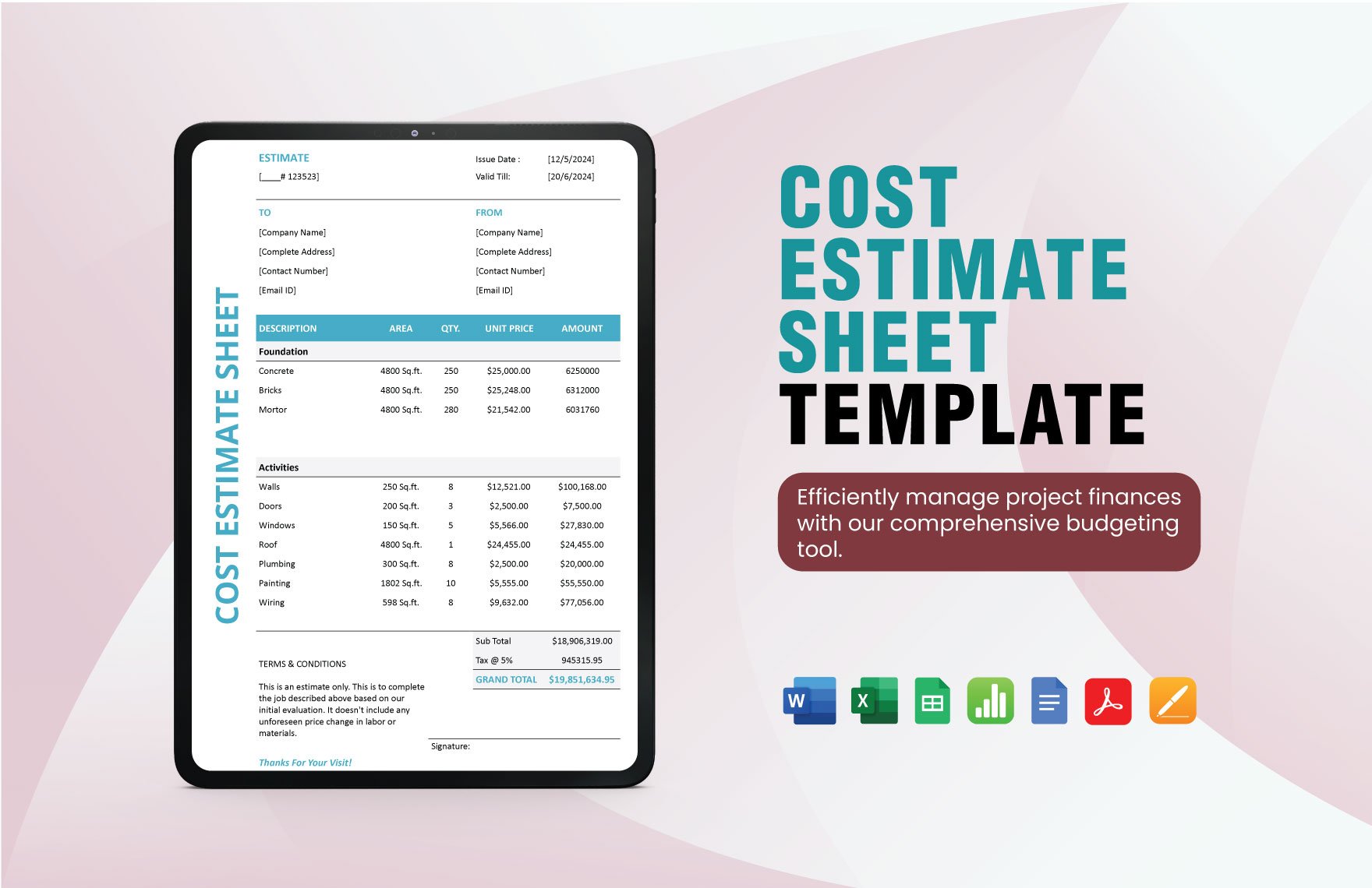 Cost Estimate Sheet Template in Word, Google Docs, Excel, PDF, Google Sheets, Apple Pages, Apple Numbers