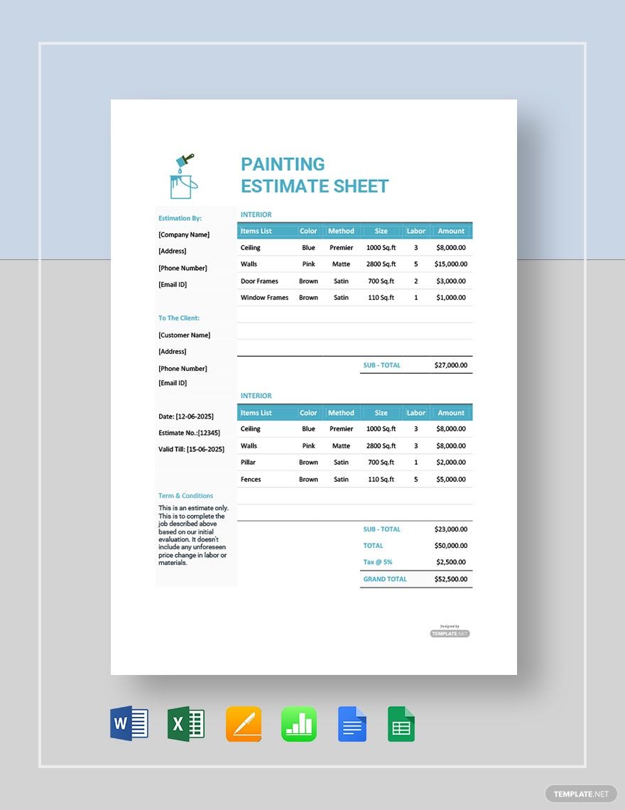 Painting Estimate Sheet Template Google Docs, Google Sheets, Excel