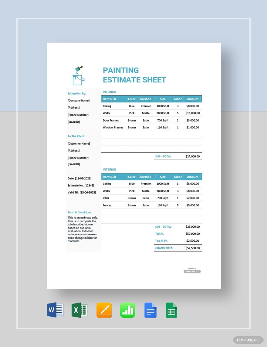 Painting Estimate Sheet Template in Word, Google Docs, Excel, PDF, Google Sheets, Apple Pages, Apple Numbers