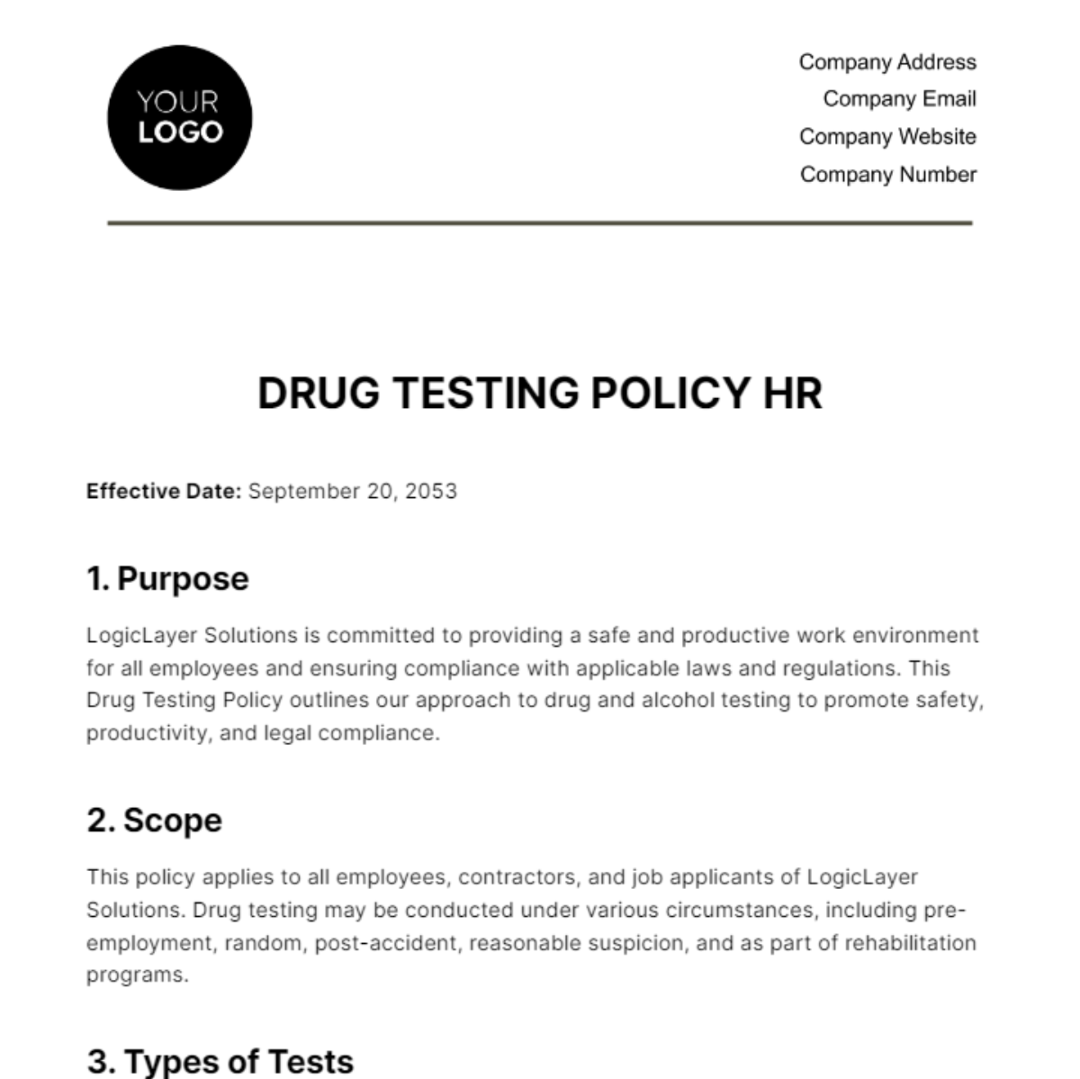Free Drug Testing Policy HR Template