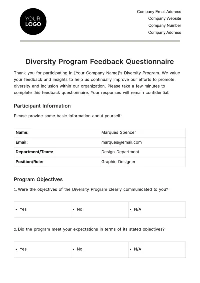 Free Diversity Program Feedback Questionnaire HR Template to Edit Online