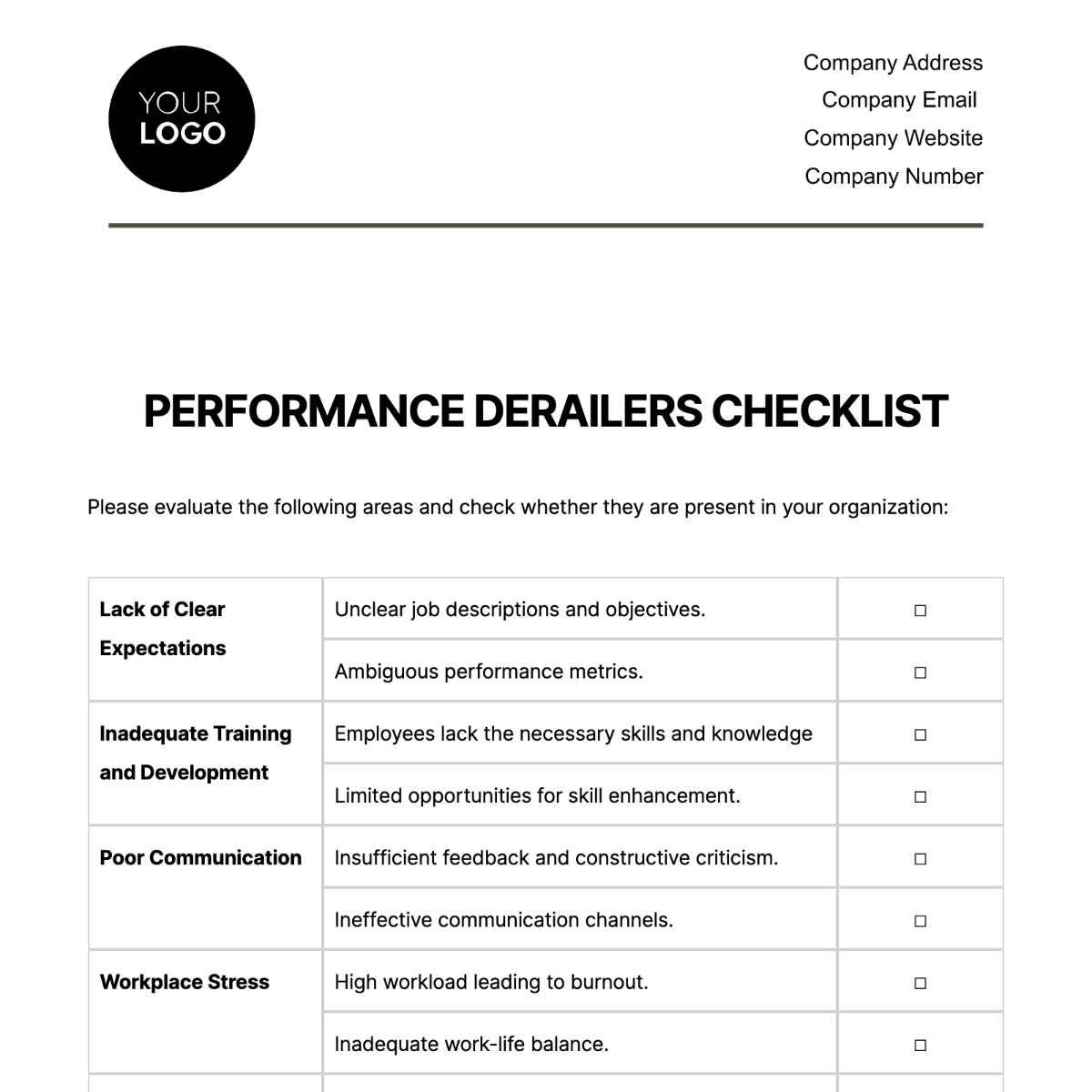Performance Detailers Checklist HR Template