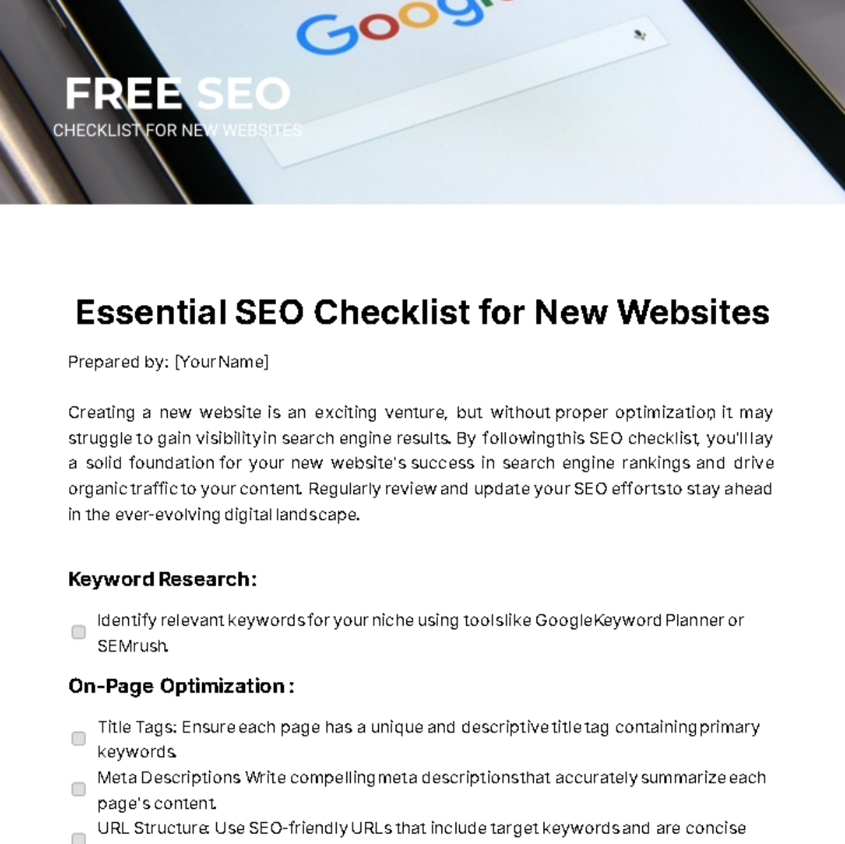 SEO Checklist For New Websites Template