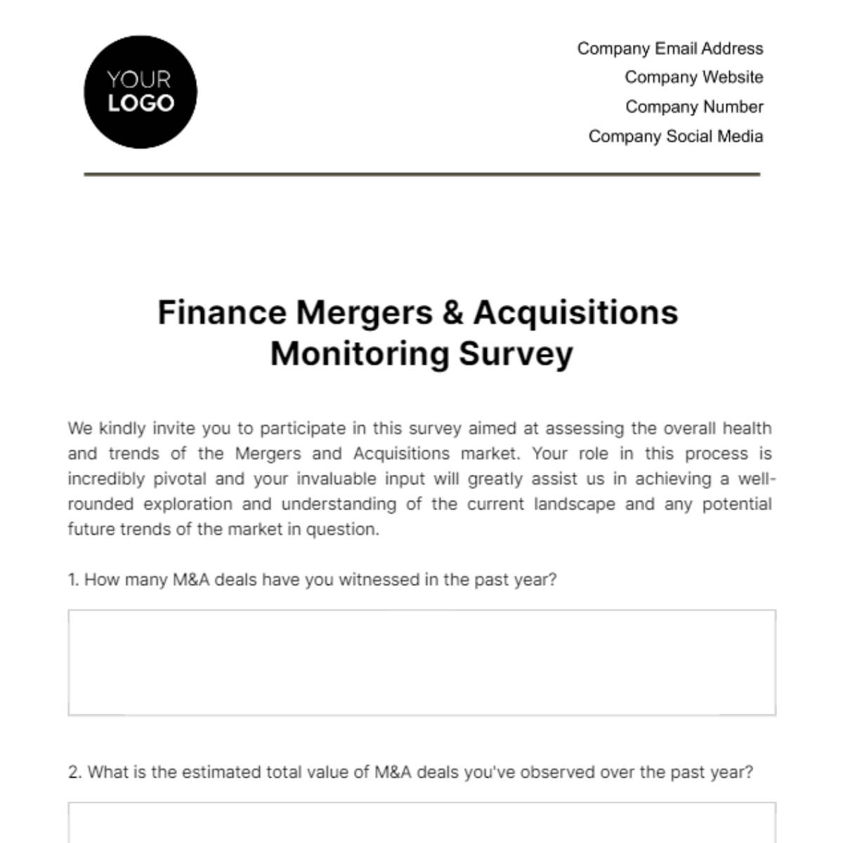 Finance Mergers & Acquisitions Monitoring Survey Template