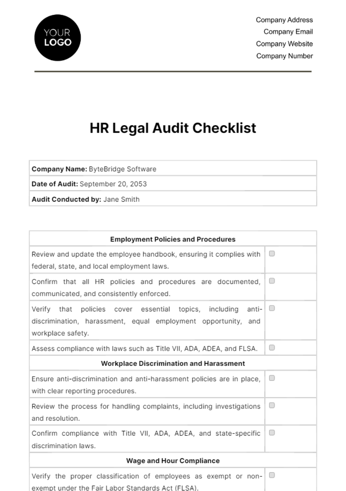 HR Legal Audit Checklist Template - Edit Online & Download