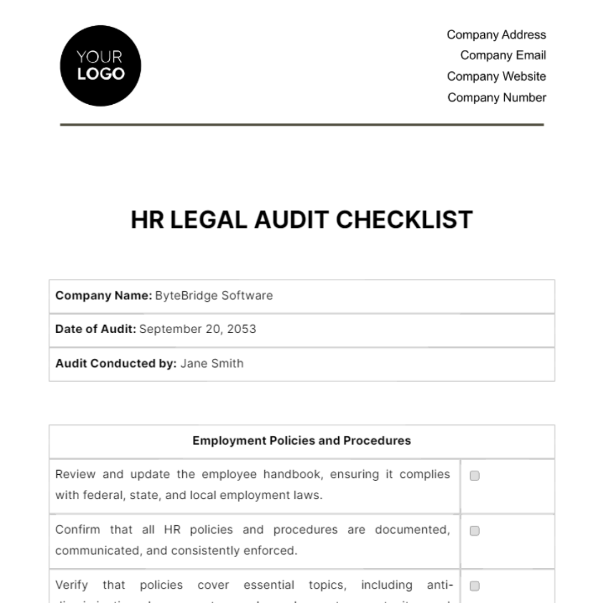 HR Legal Audit Checklist Template - Edit Online & Download