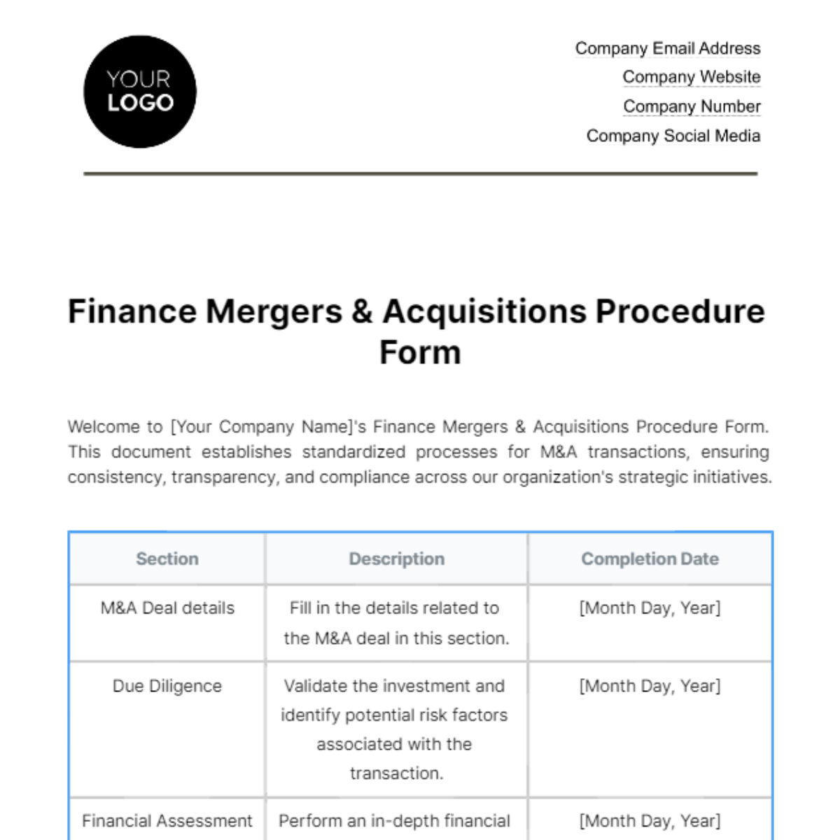 Finance Mergers & Acquisitions Procedure Form Template