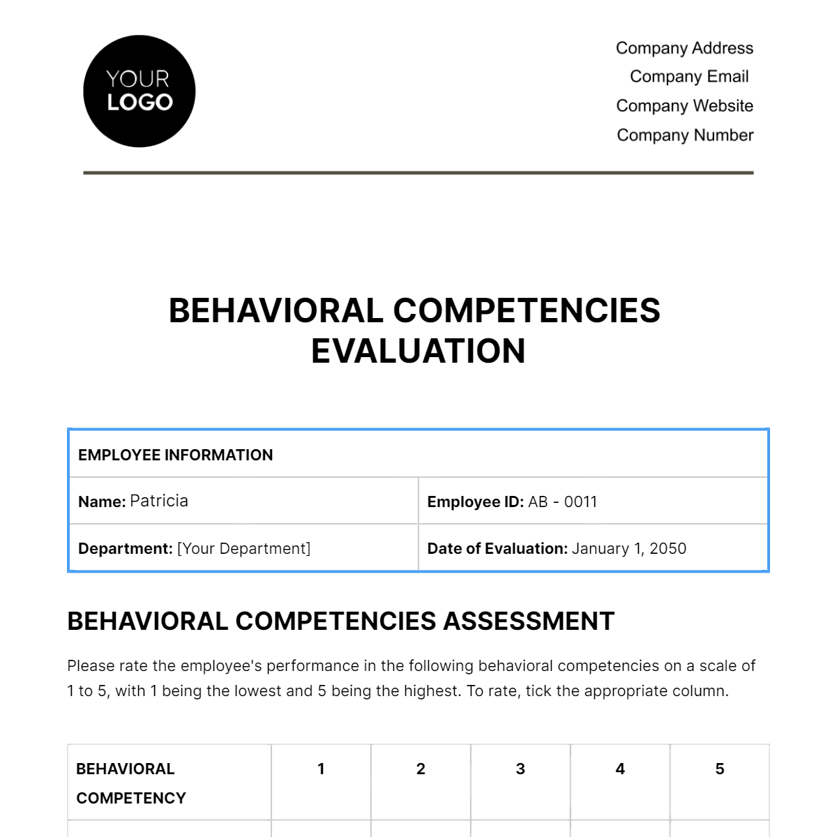 Behavioral Competencies Evaluation HR Template