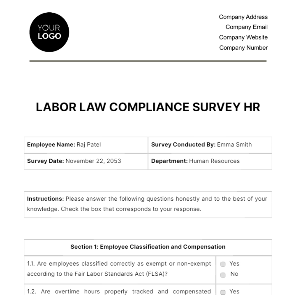 Labor Law Compliance Survey HR Template