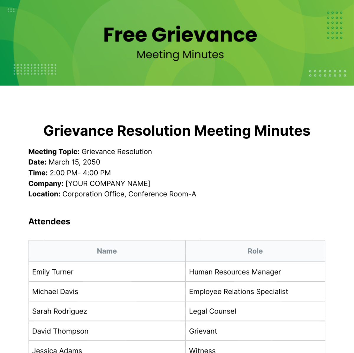 Grievance Meeting Minutes  Template