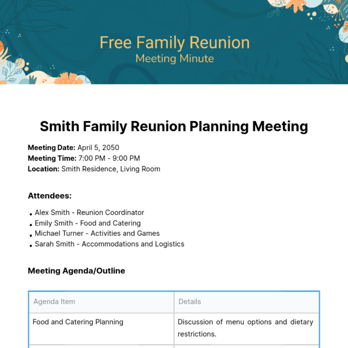 Family Reunion Meeting Minutes  Template