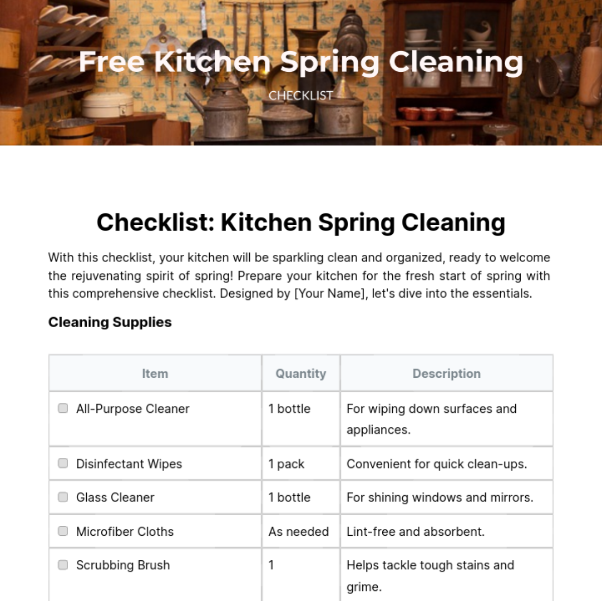 Kitchen Spring Cleaning Checklist Template