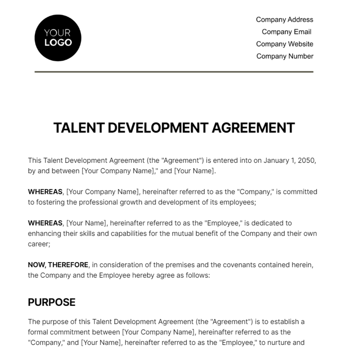 Talent Development Agreement HR Template
