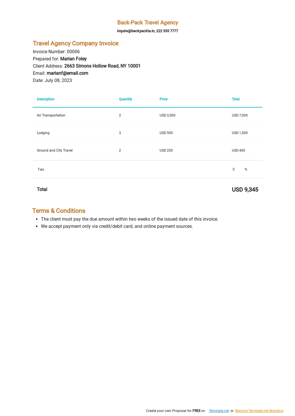 travel agency bill format in word free download