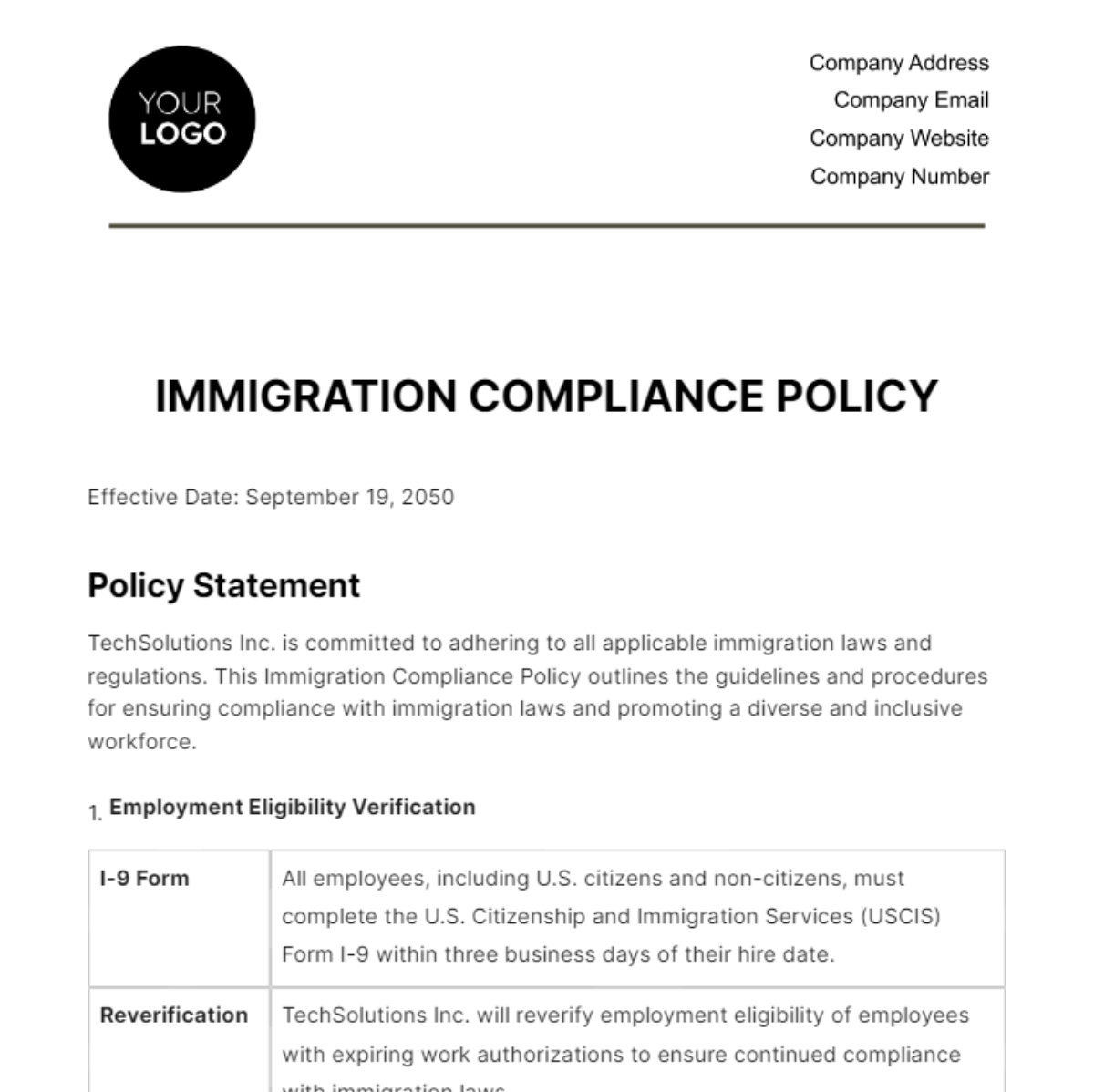 Immigration Compliance Policy HR Template