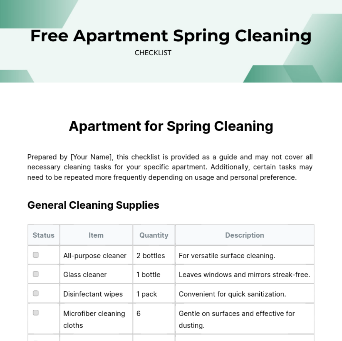 Apartment Spring Cleaning Checklist Template