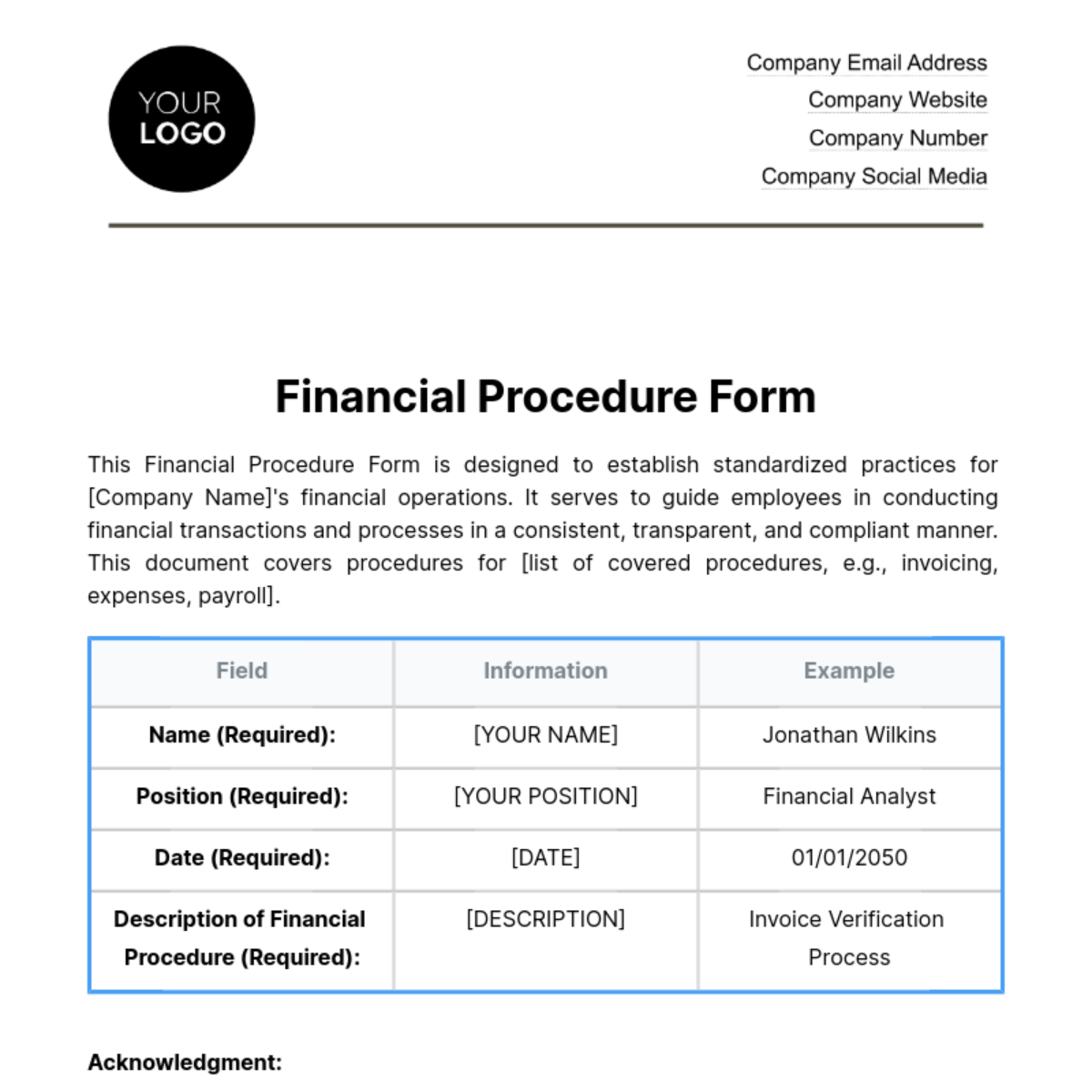 Free Financial Procedure Form Template