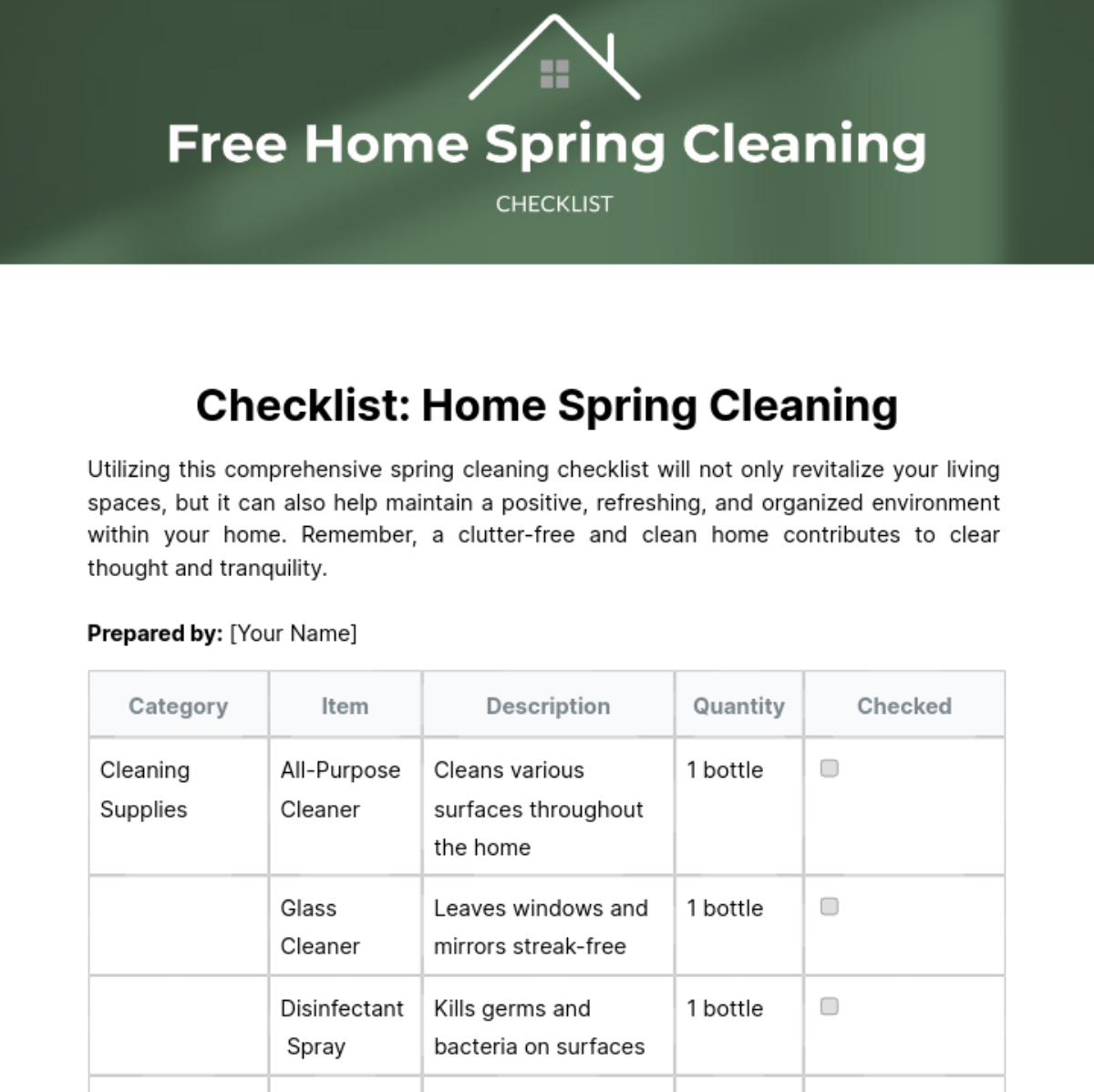 Home Spring Cleaning Checklist Template