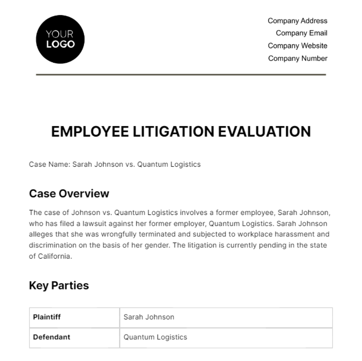 Employee Litigation Evaluation HR Template - Edit Online & Download