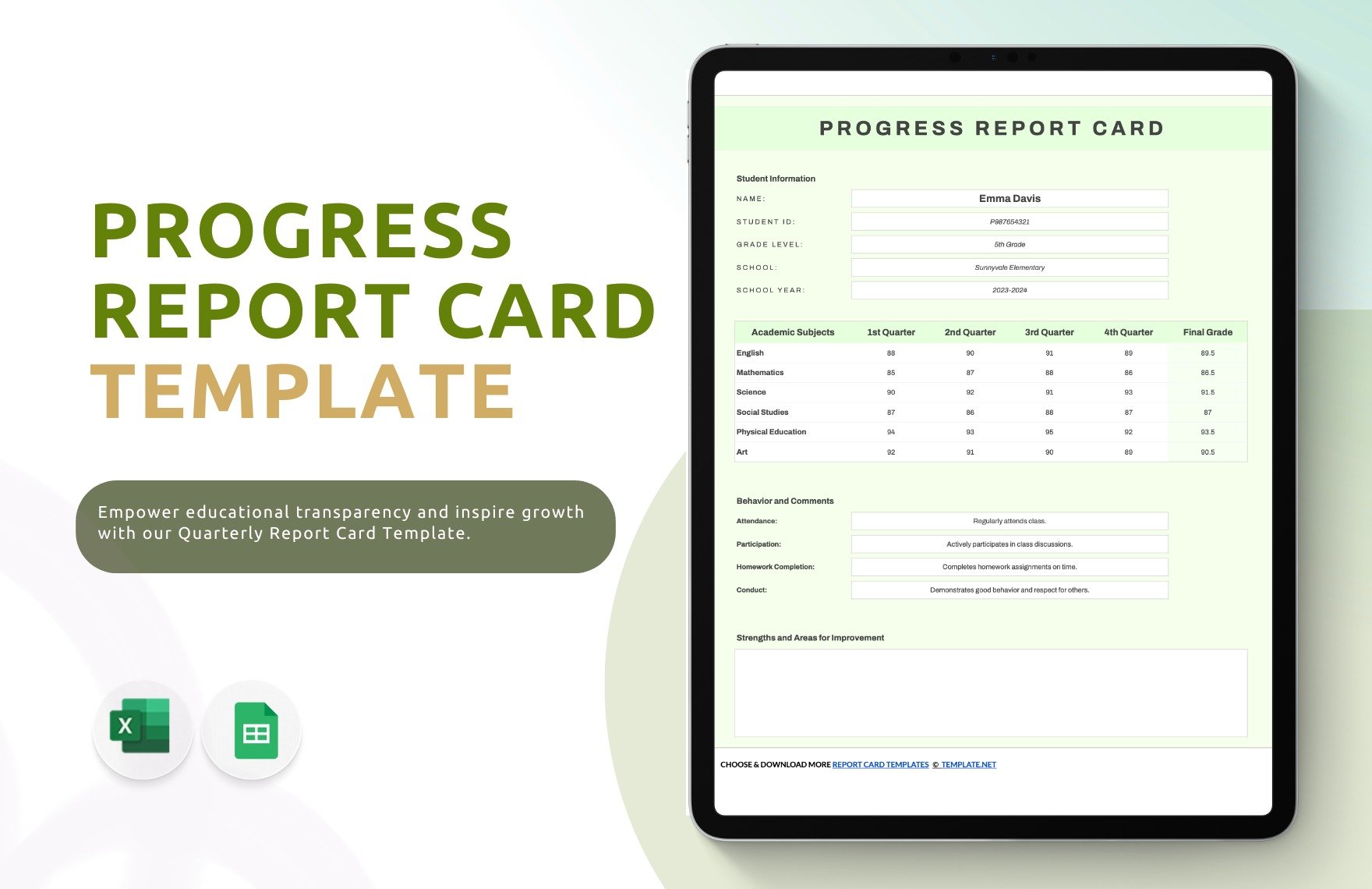Free Progress Report Card Template in Excel, Google Sheets