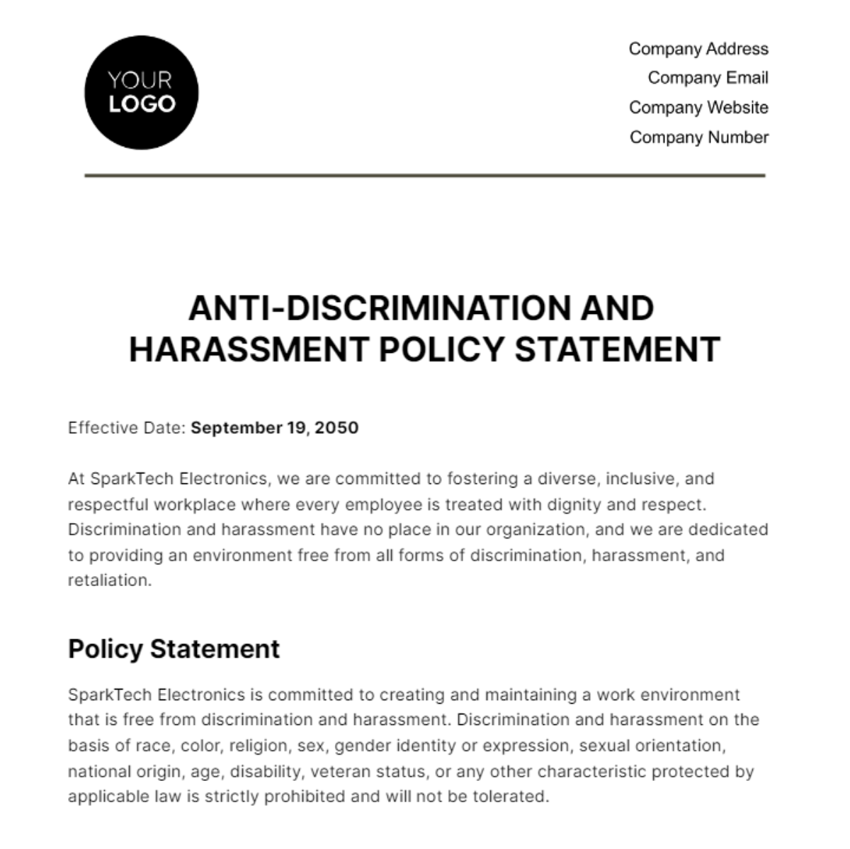 Free Anti-Discrimination and Harassment Policy Statement HR Template