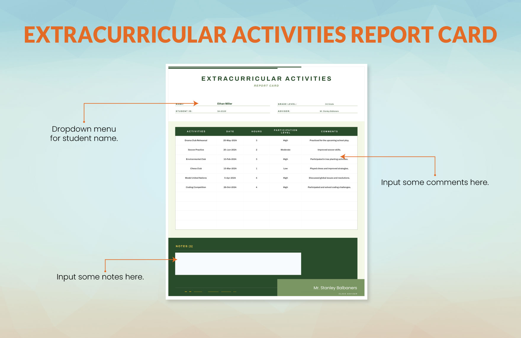Extracurricular Activities Report Card Template