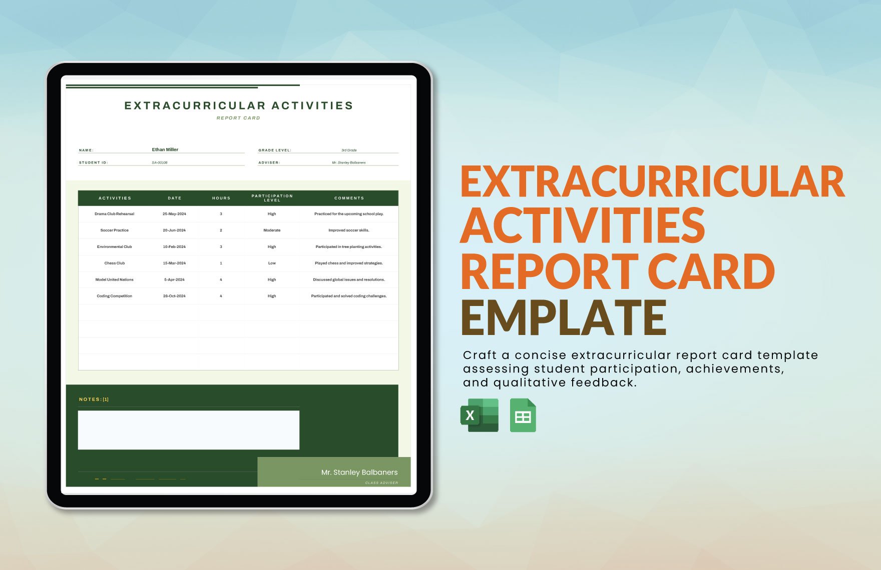 Extracurricular Activities Report Card Template