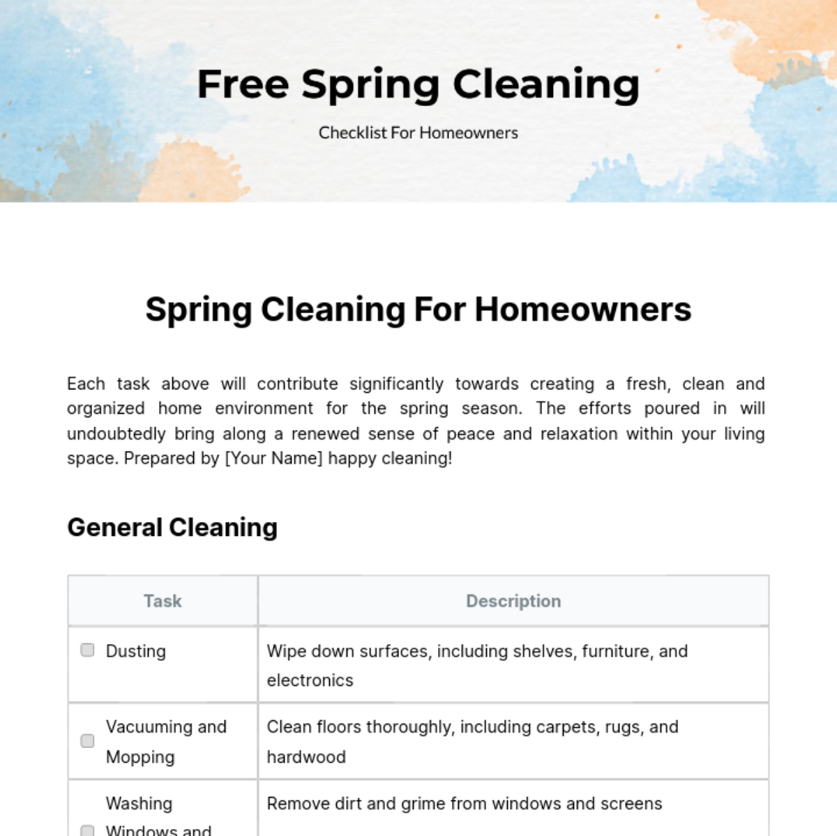 Spring Cleaning Checklist For Homeowners Template