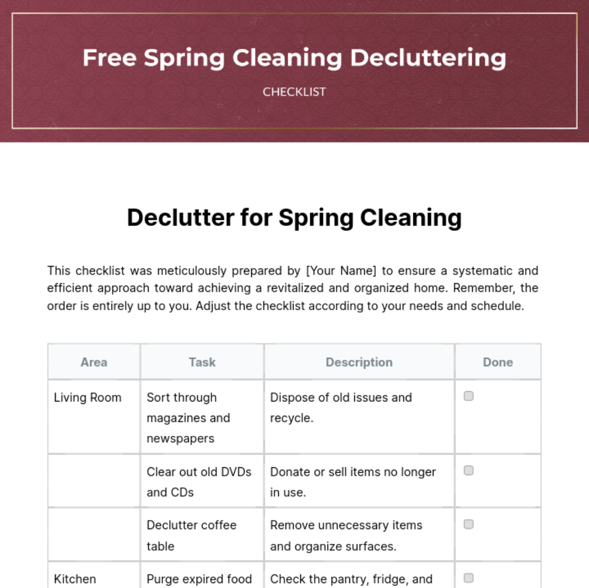 Spring Cleaning Decluttering Checklist Template
