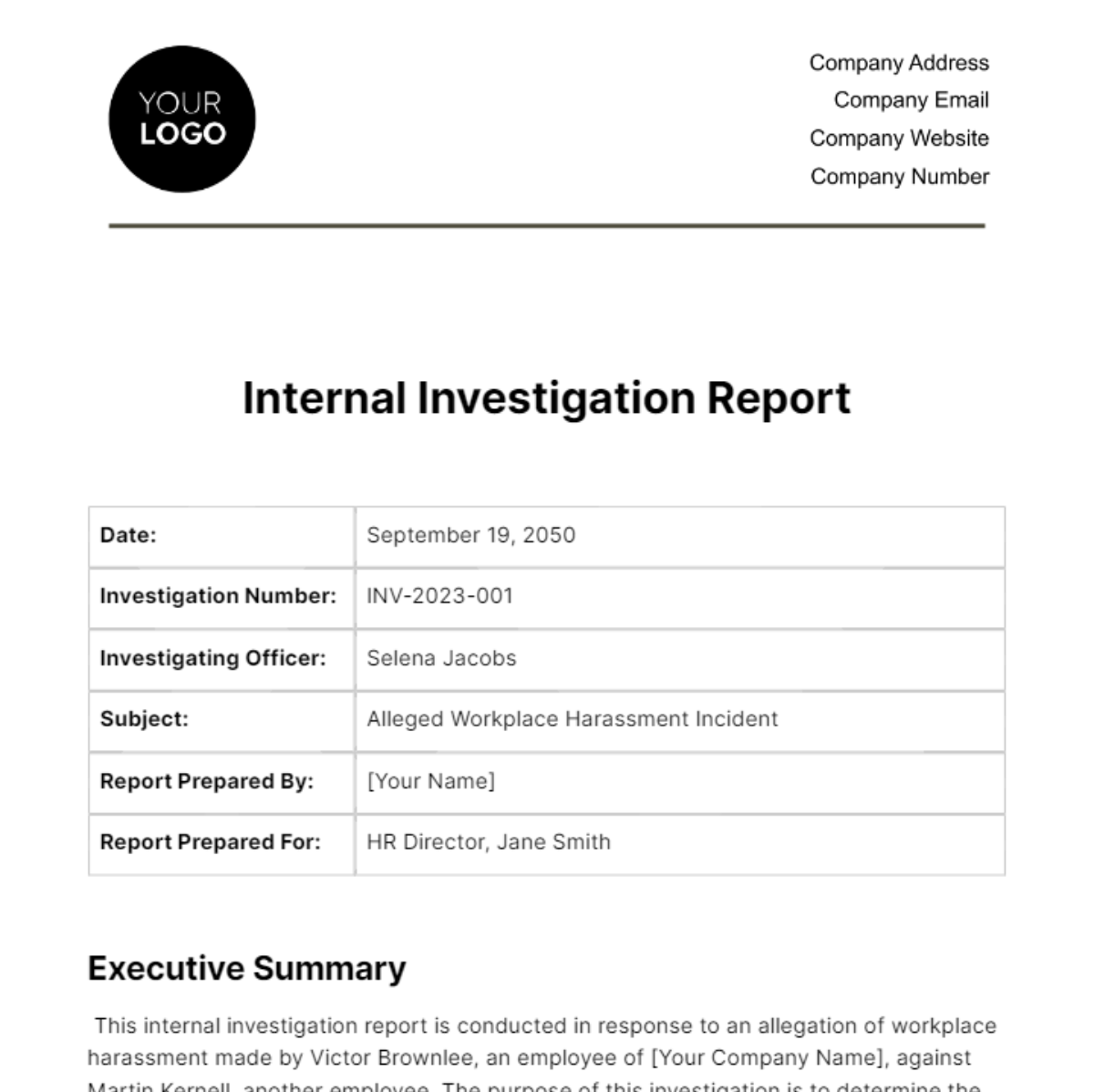 Free Internal Investigation Report HR Template