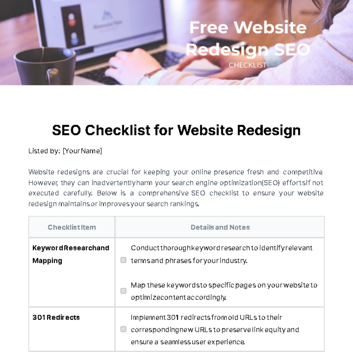 Free Website Redesign SEO Checklist Template