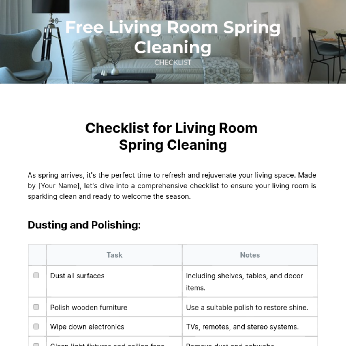 Living Room Spring Cleaning Checklist Template