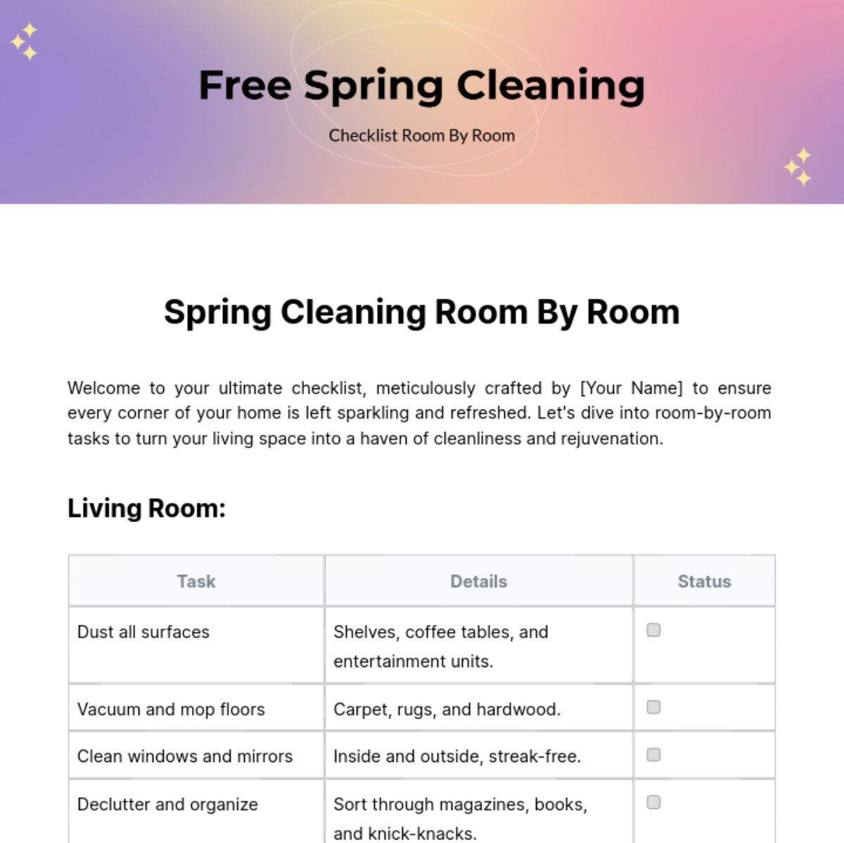 Spring Cleaning Checklist Room By Room Template