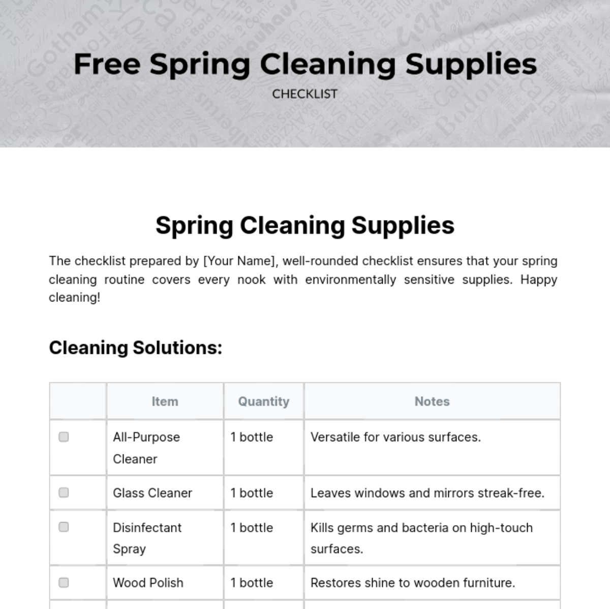 Spring Cleaning Supplies Checklist Template