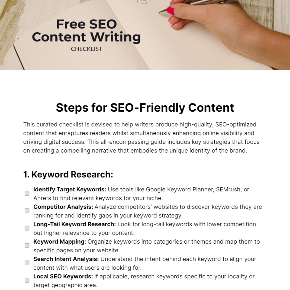 Free SEO Content Writing Checklist Template