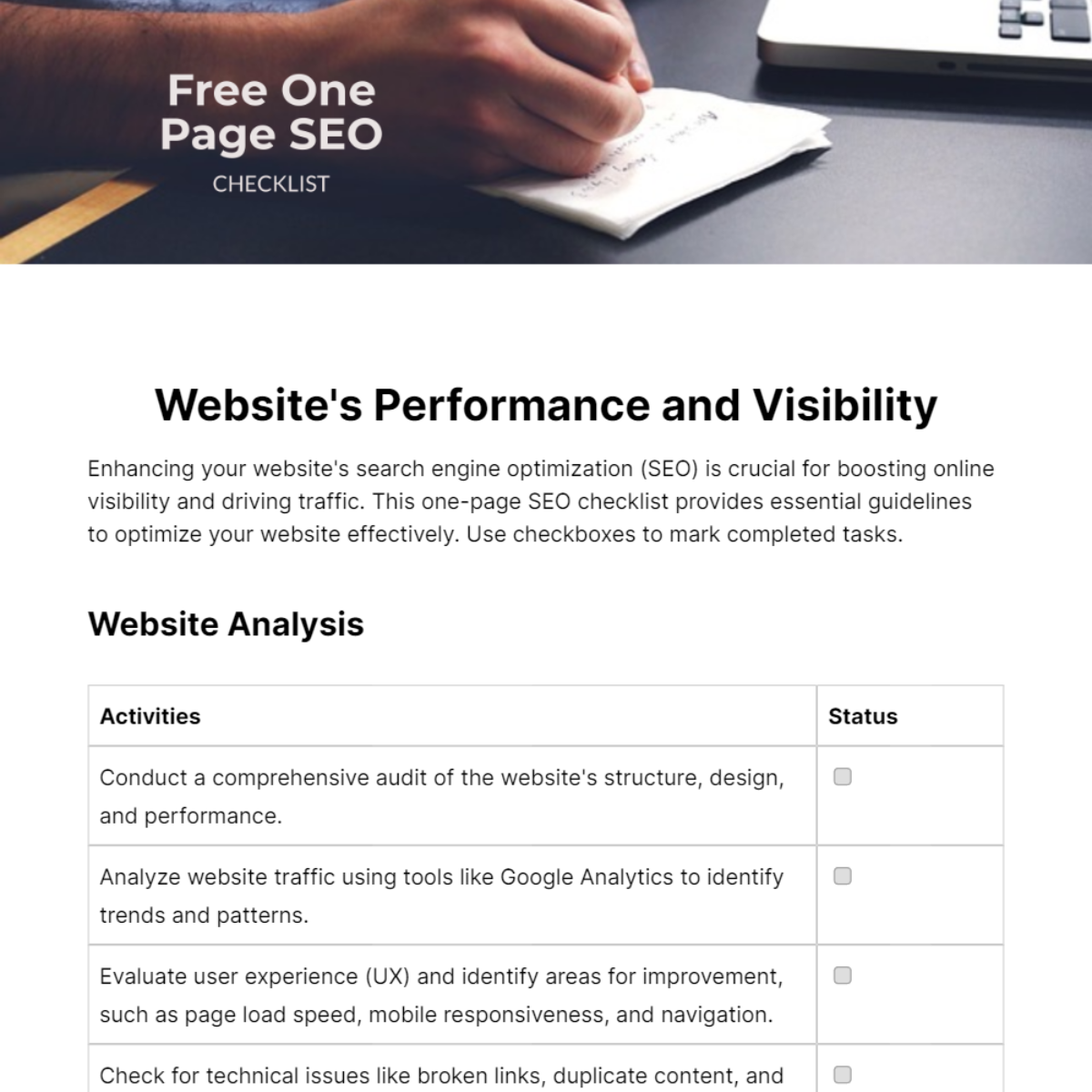 One Page SEO Checklist Template