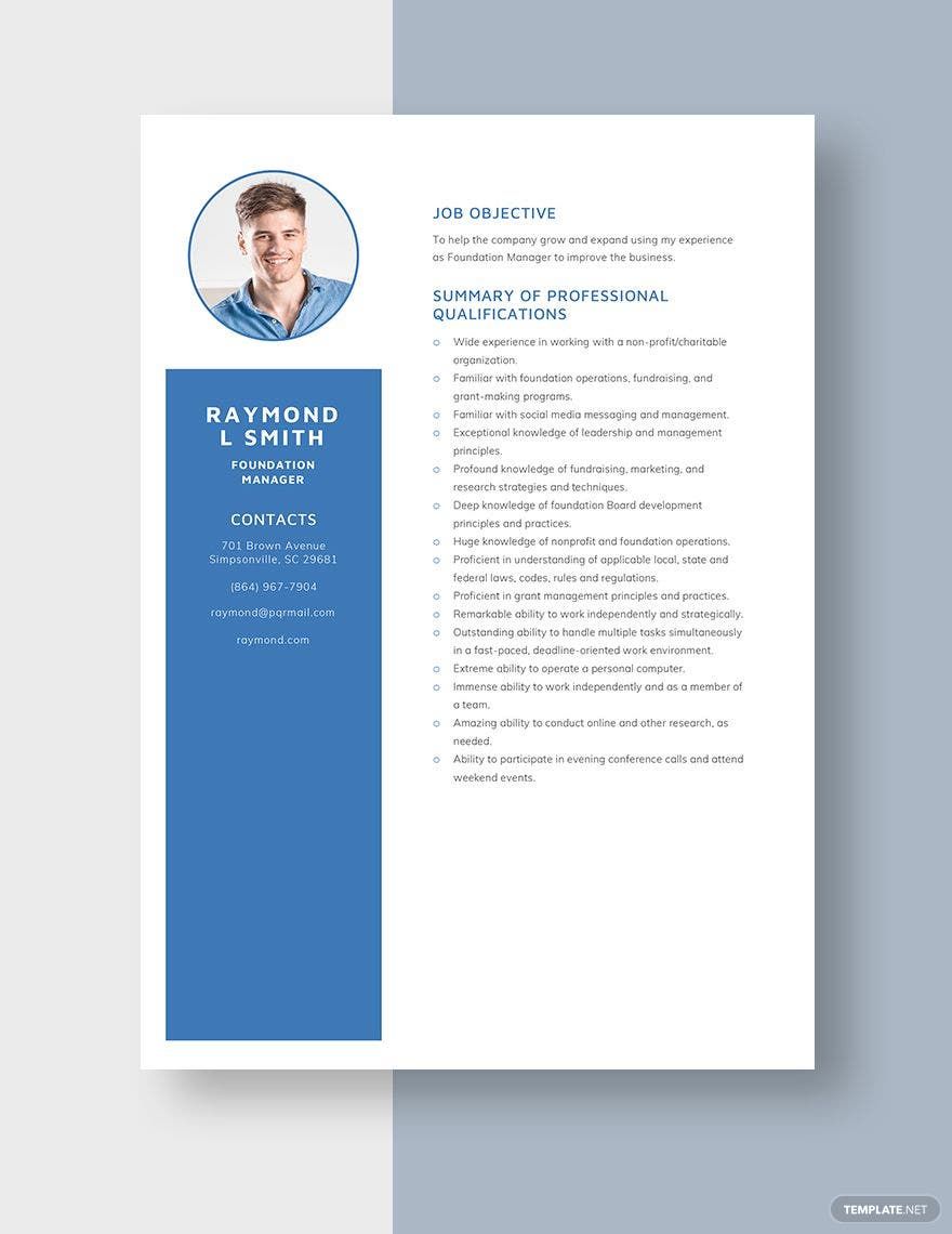 Free Foundation Manager Resume in Word, Apple Pages