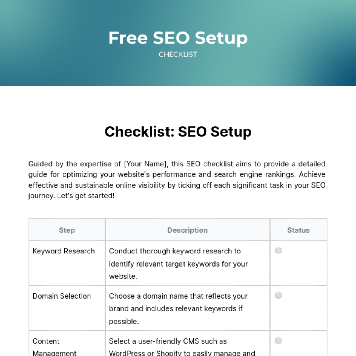 Free SEO Setup Checklist Template