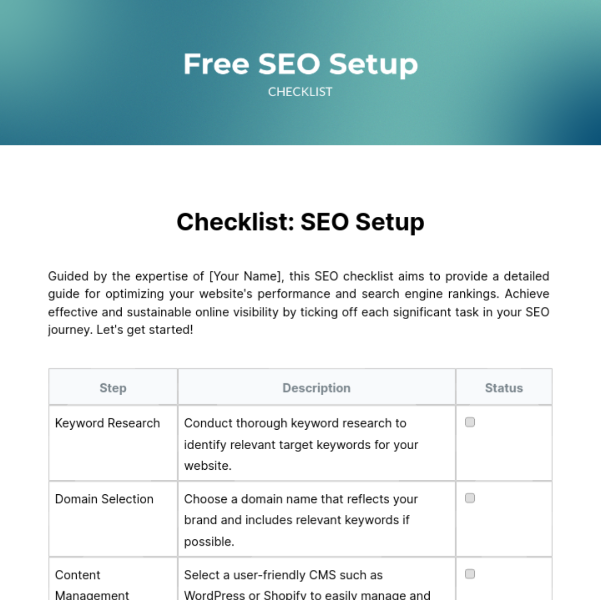 SEO Setup Checklist Template - Edit Online & Download