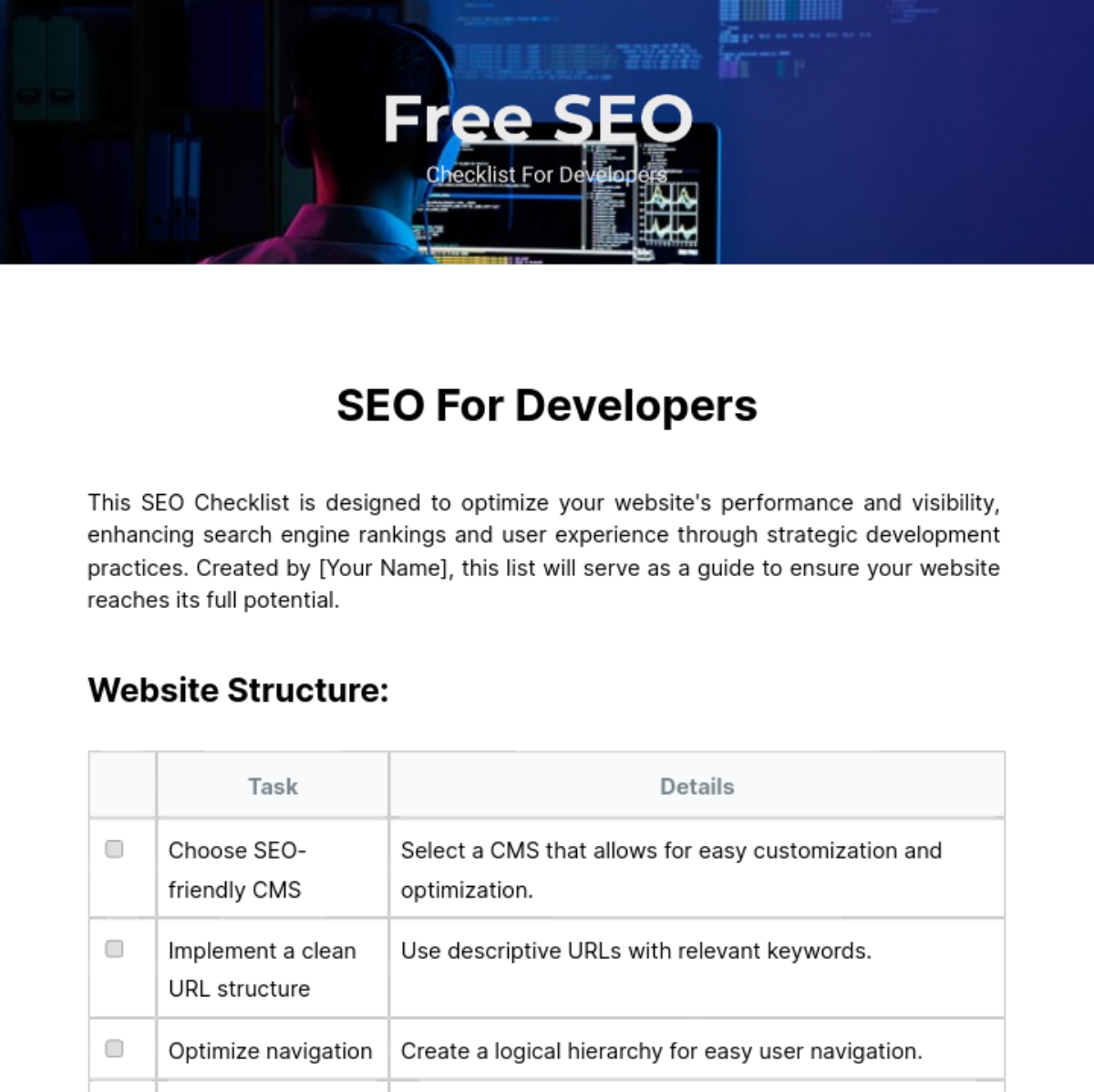 SEO Checklist For Developers Template