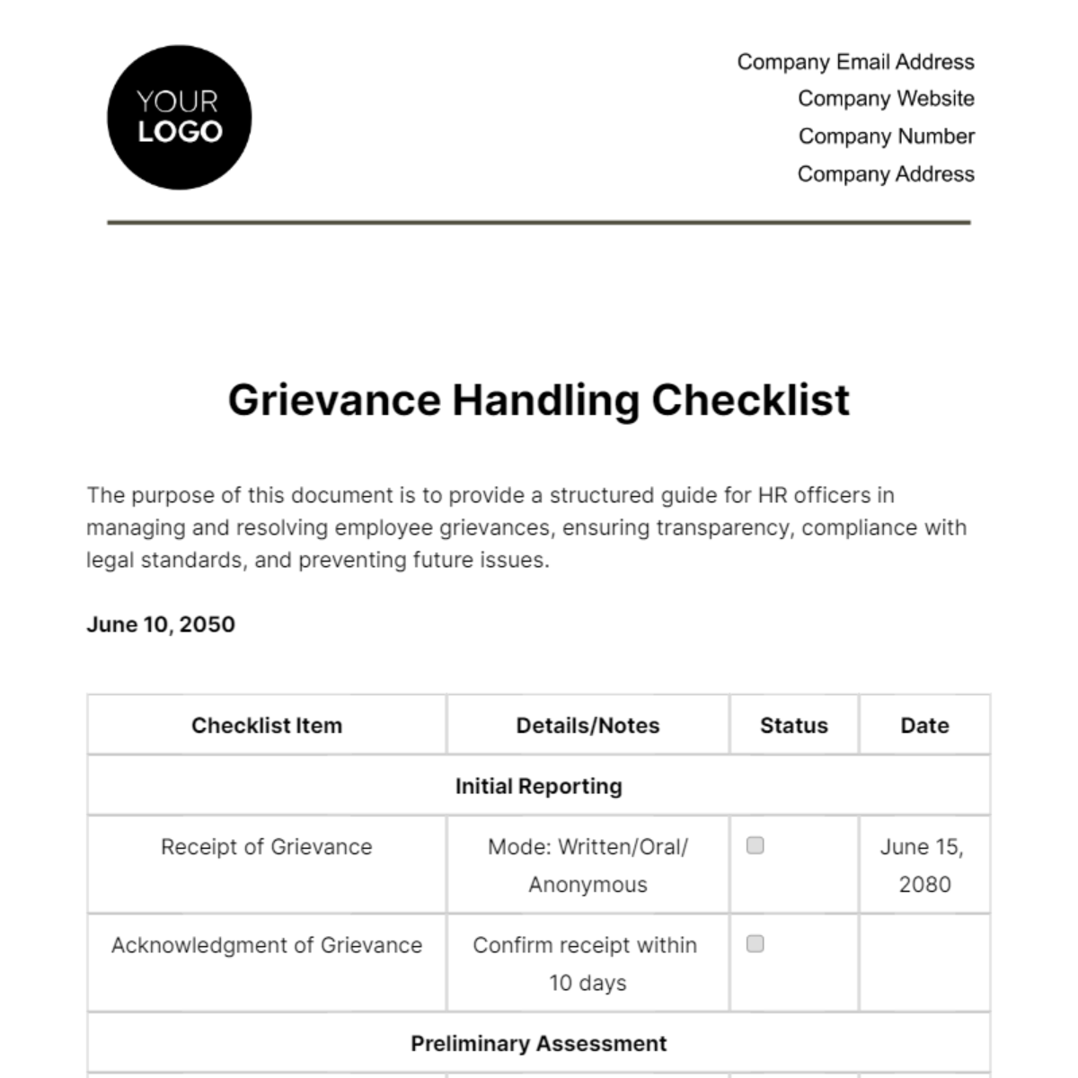 Grievance Handling Checklist HR Template